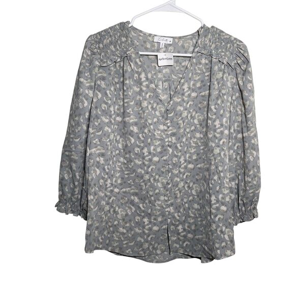 Calivta Blouse Women's Medium V-Neck Button Up 3/4 Sleeve Career Shirt Top NWT - Picture 1 of 10